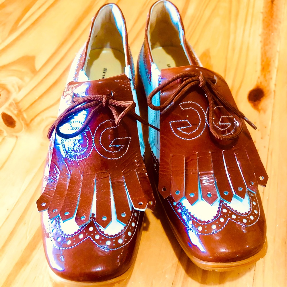 Linea Stretch Walter Genuin Italy Brown White Pon Pon Leather Golf Shoes Sz 7.5